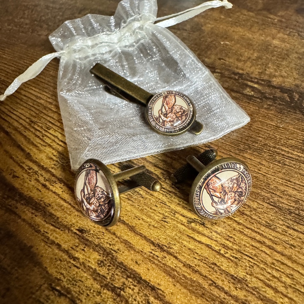 Vintage Bronze St. Michael Archangel Cufflinks and Tie Clip Set